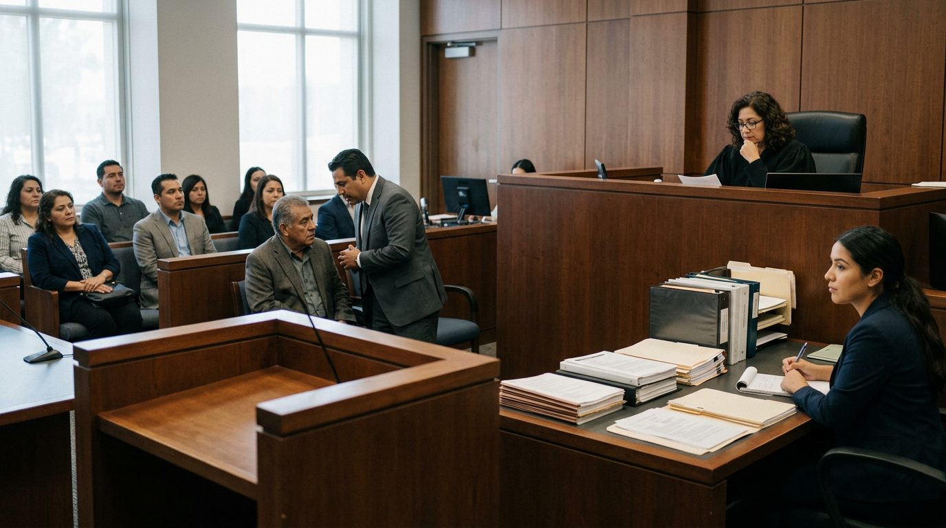 Sala de tribunal con juez, estrado de testigos y expedientes durante audiencia de tutela.