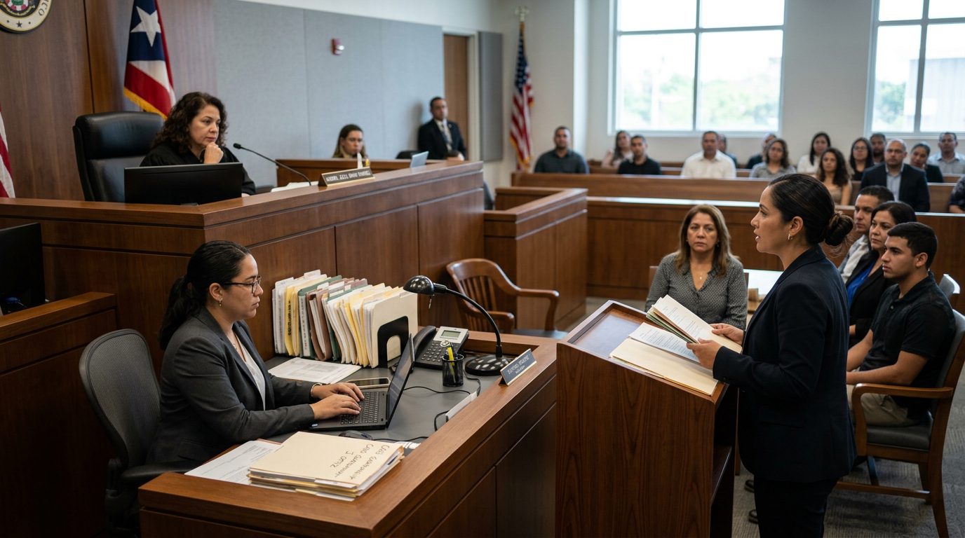 Sala de tribunal con juez, estrado de testigos y expedientes durante audiencia de tutela.