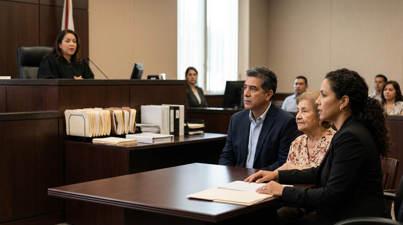 Sala de tribunal con juez, estrado de testigos y expedientes durante audiencia de tutela plena.