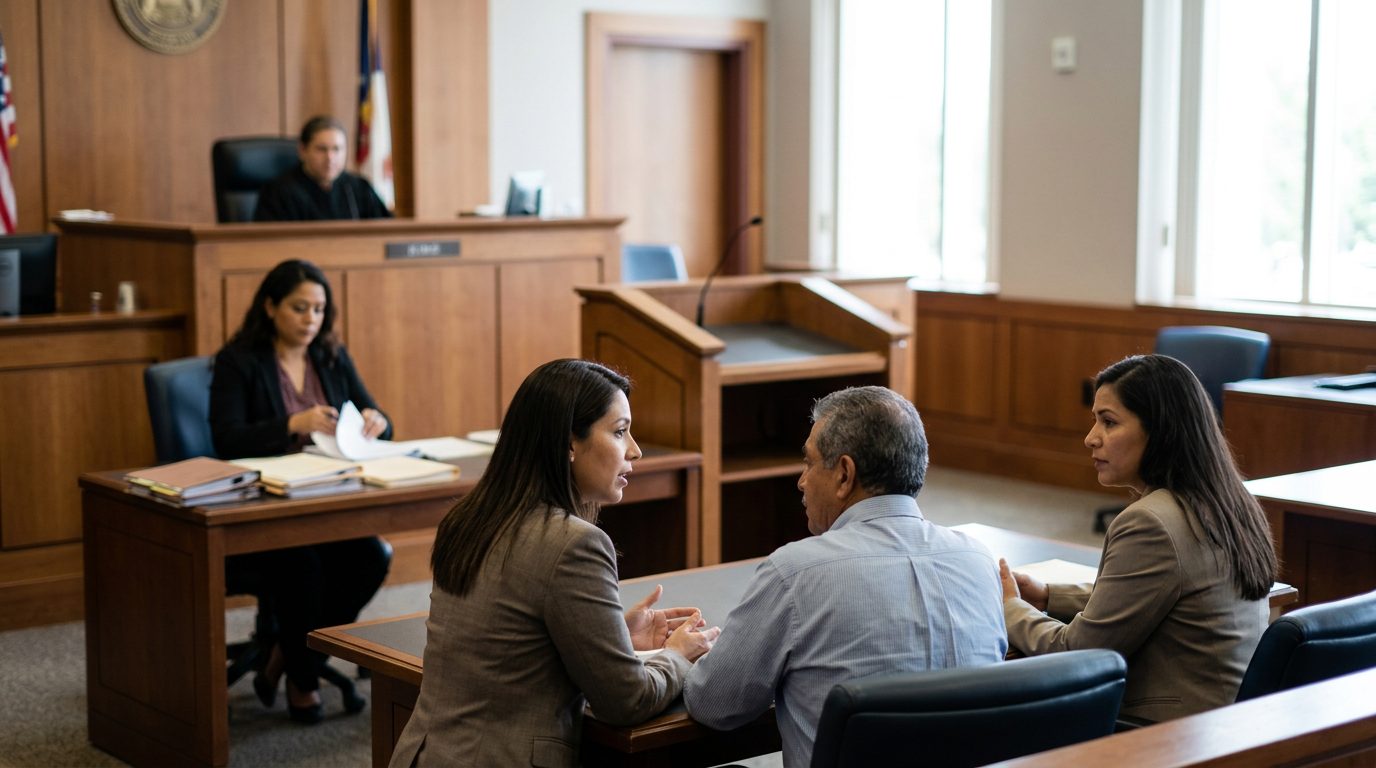Sala de tribunal con juez, estrado de testigos y expedientes durante audiencia de tutela.