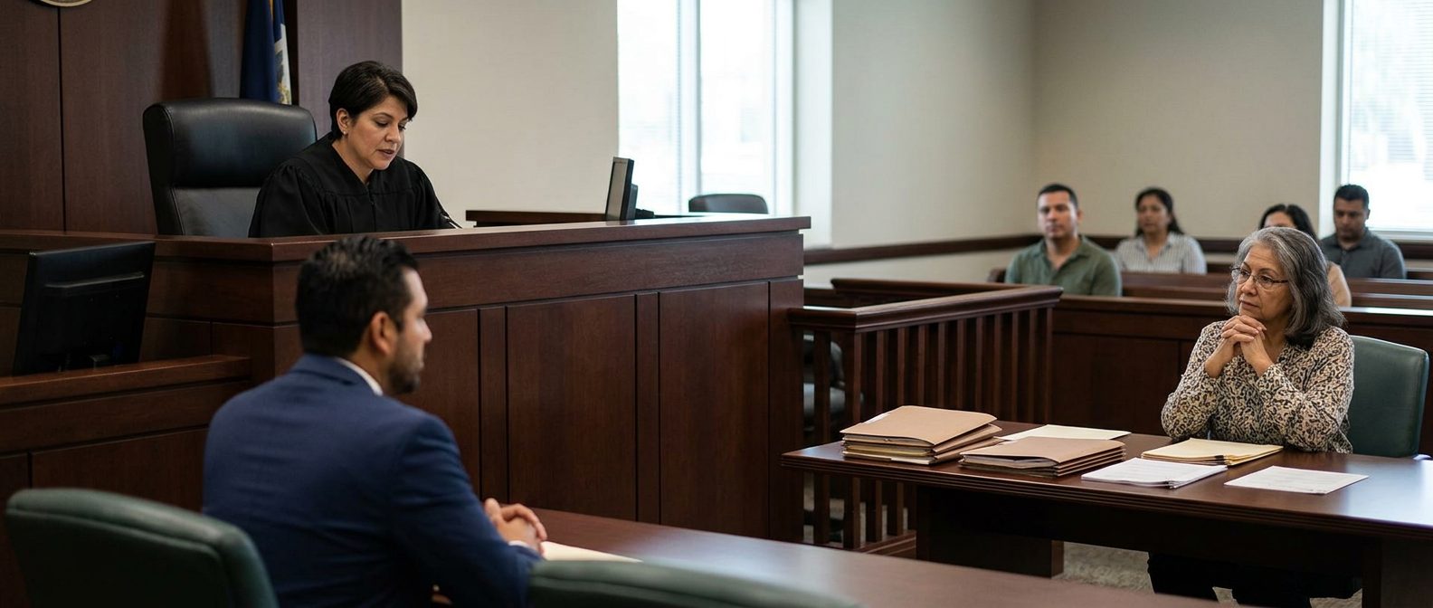 Sala de tribunal con juez, estrado de testigos y expedientes durante audiencia de tutela.