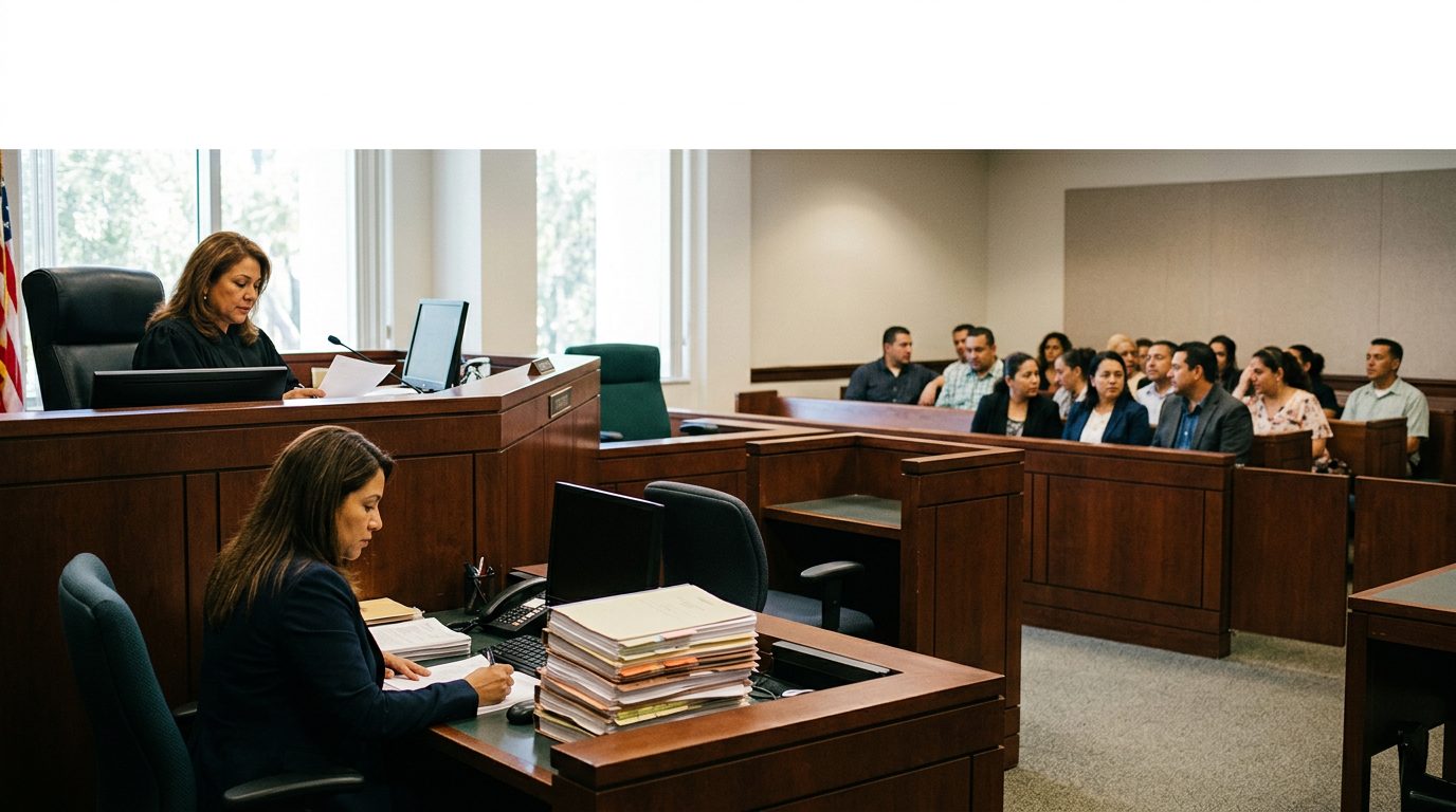 Sala de tribunal con juez, estrado de testigos y expedientes durante audiencia de tutela.