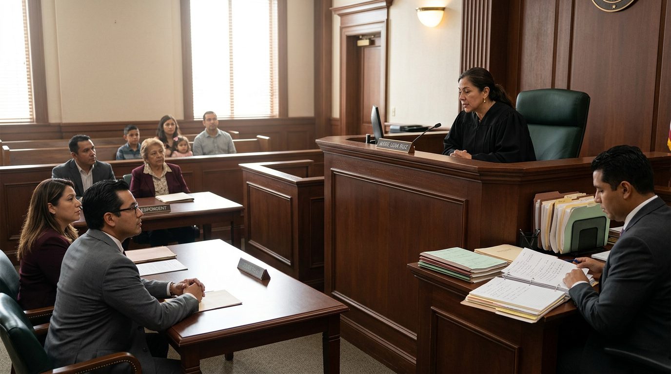 Sala de tribunal con juez, estrado de testigos y expedientes durante audiencia de tutela en Florida.