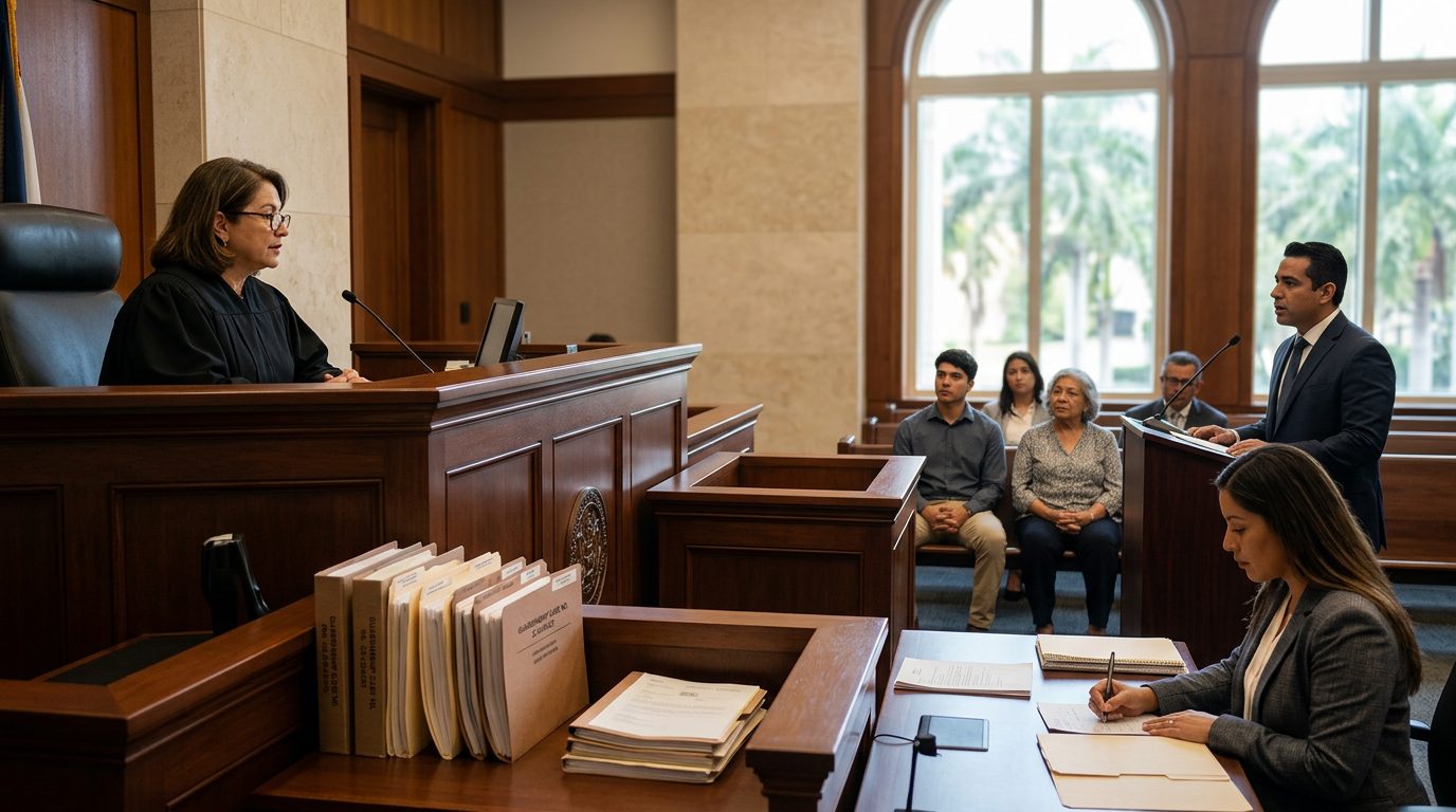 Sala de tribunal con juez, estrado de testigos y expedientes durante audiencia de tutela.