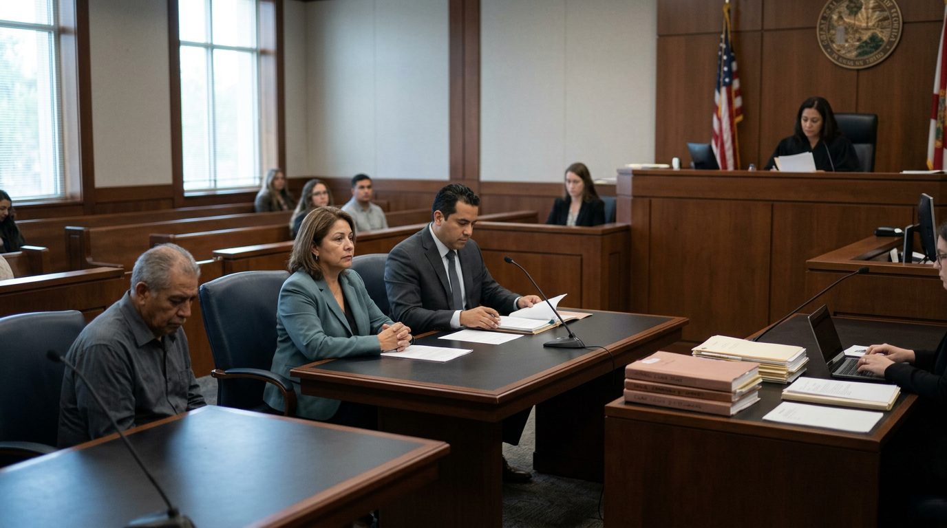 Sala de tribunal con juez, estrado de testigos y expedientes durante audiencia de tutela.