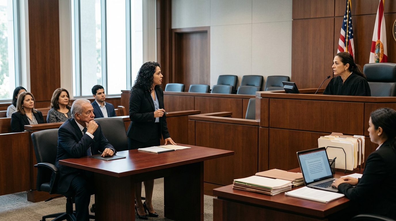 Sala de tribunal con juez, estrado de testigos y expedientes durante audiencia de tutela plena.