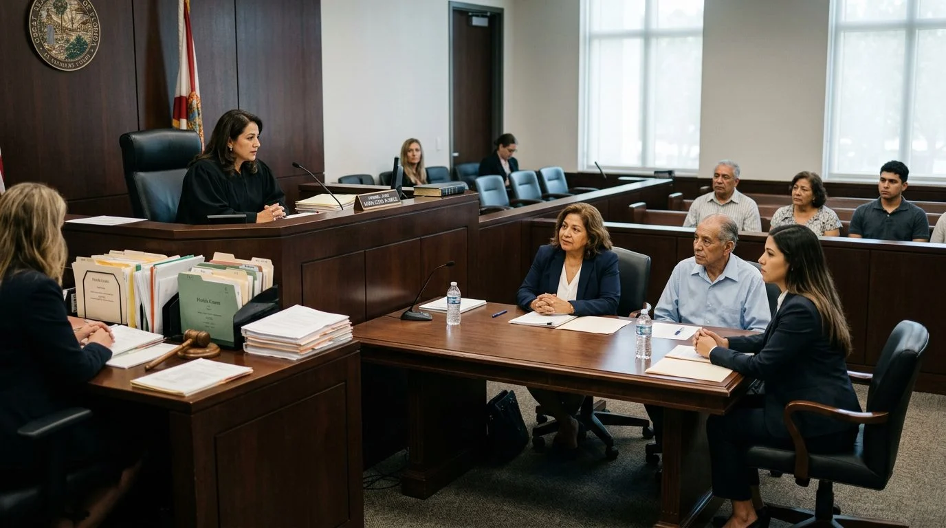 Sala de tribunal con juez, estrado de testigos y expedientes durante audiencia de tutela plena.
