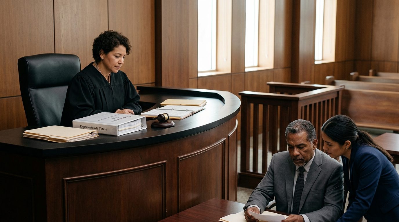 Sala de tribunal con juez, estrado de testigos y expedientes durante audiencia de tutela.
