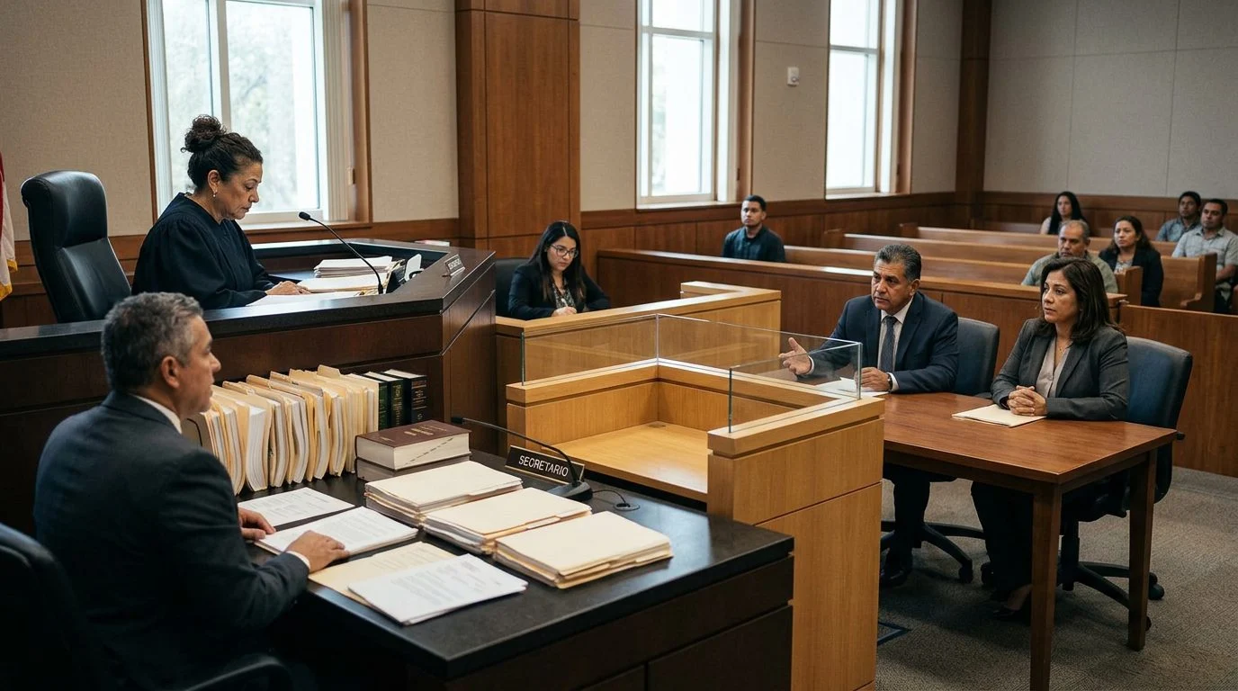 Sala de tribunal con juez, estrado de testigos y expedientes durante audiencia de tutela.
