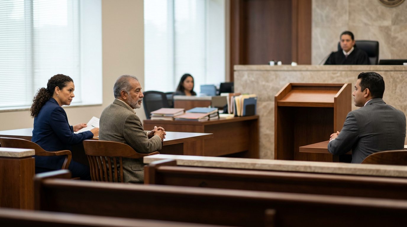 Sala de tribunal con juez, estrado de testigos y expedientes durante audiencia de tutela.