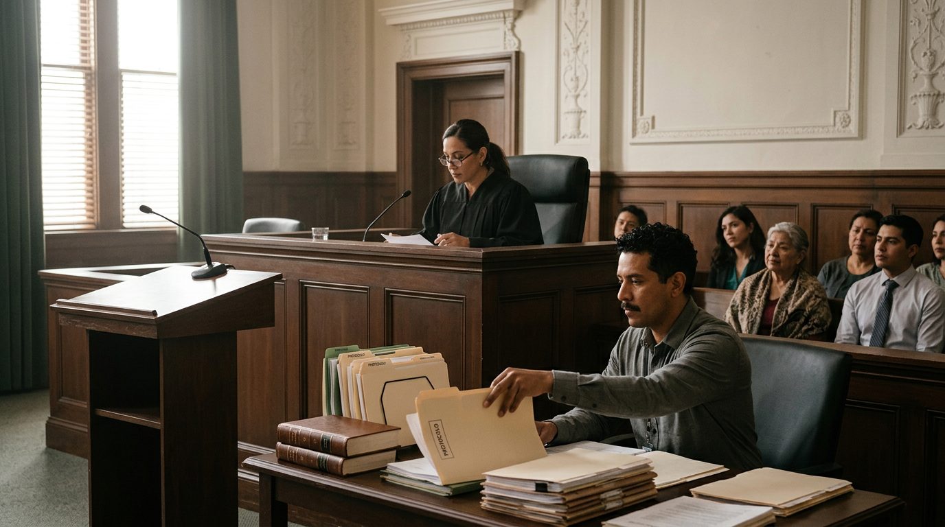 Sala de tribunal con juez, estrado de testigos y expedientes durante audiencia de tutela.