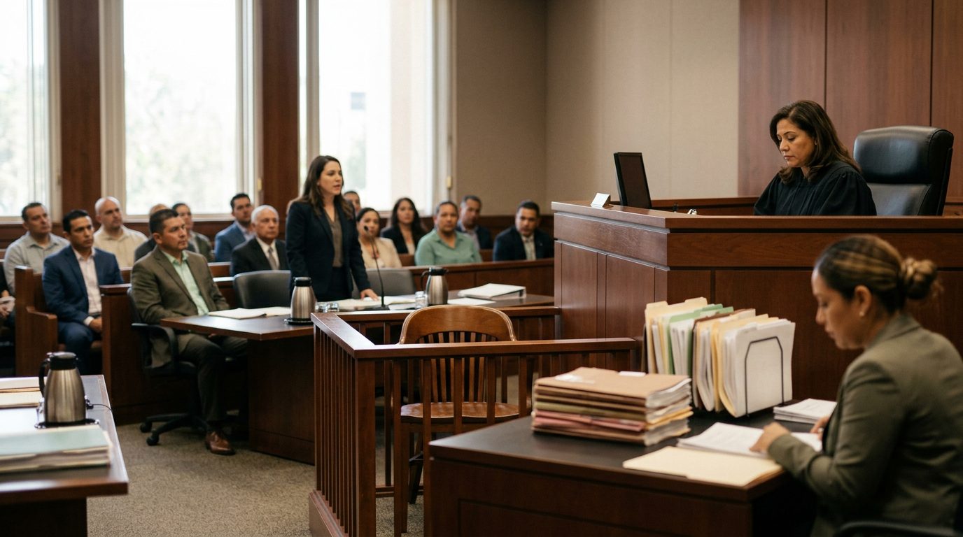 Sala de tribunal con juez, estrado de testigos y expedientes durante audiencia de tutela.