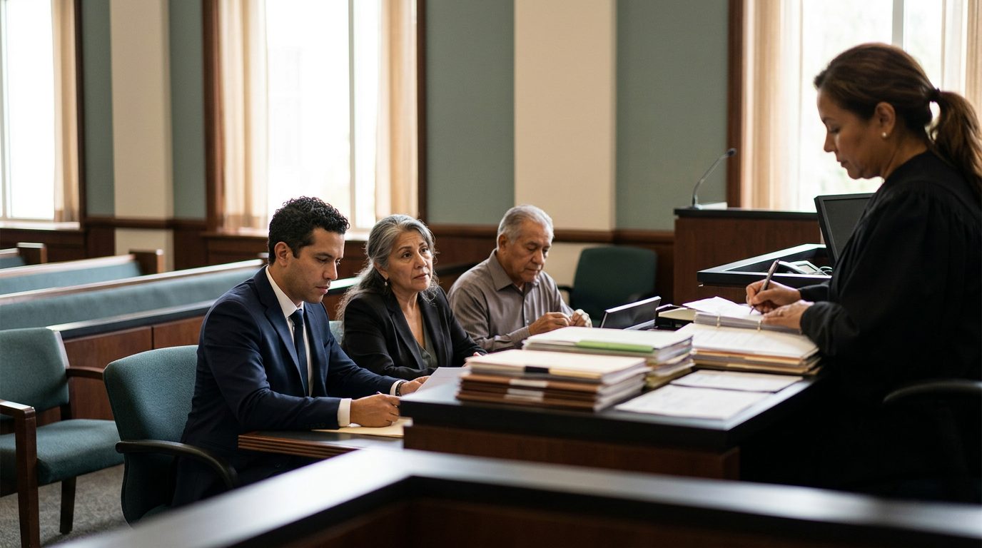 Sala de tribunal con juez, estrado de testigos y expedientes durante audiencia de tutela.