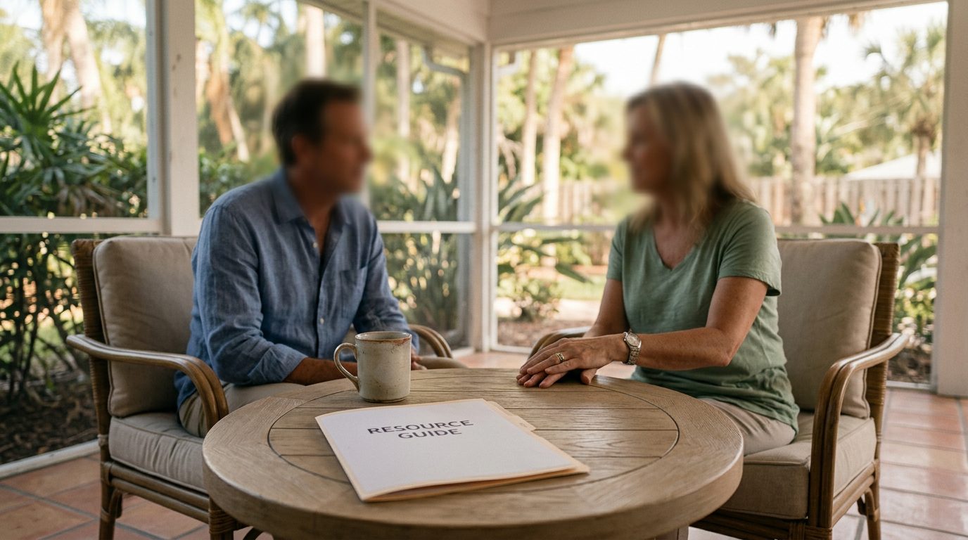 A close view of a wooden kitchen table with a coffee mug, a phone, and a folded pamphlet in a Florida home.
