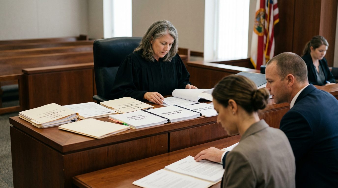A courtroom during a hearing, with a judge reviewing papers while a petitioner sits with counsel and assessment reports lie on the bench.
