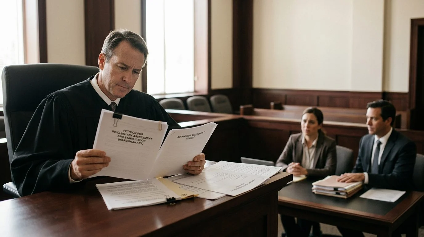 A courtroom hearing where a judge reviews involuntary commitment petition documents while the petitioner sits with counsel and addiction assessment