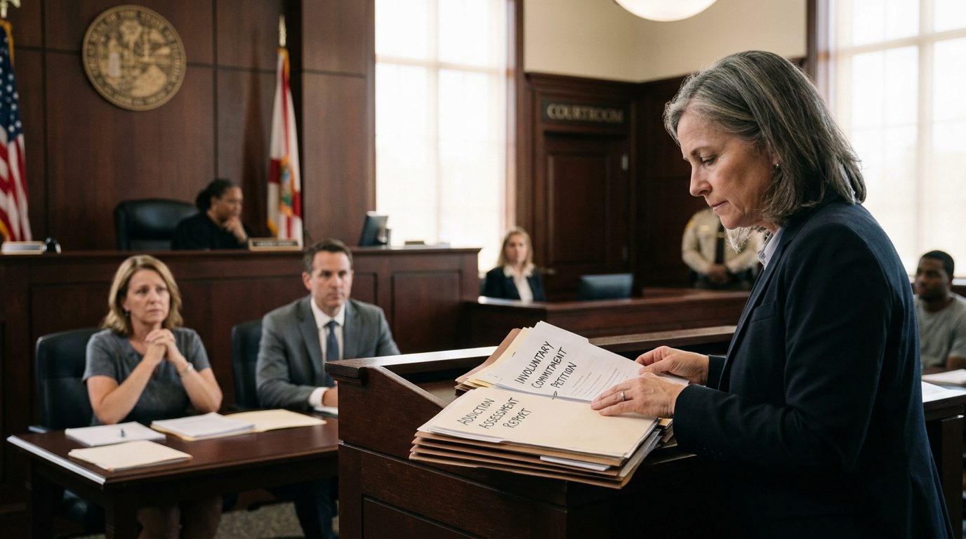 A courtroom hearing where a judge reviews involuntary commitment petition documents with the petitioner and counsel present.