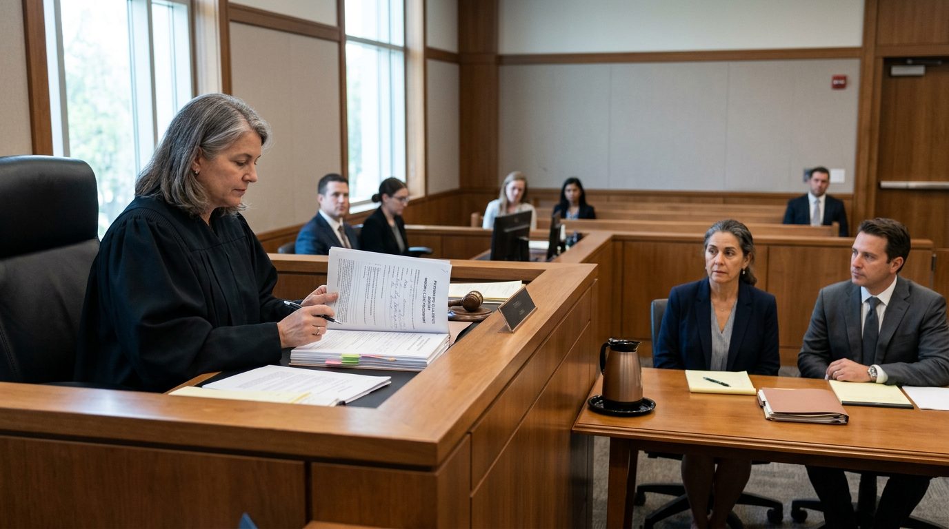 A courtroom hearing where a judge reviews psychiatric evaluation reports while the petitioner and counsel sit before the bench.