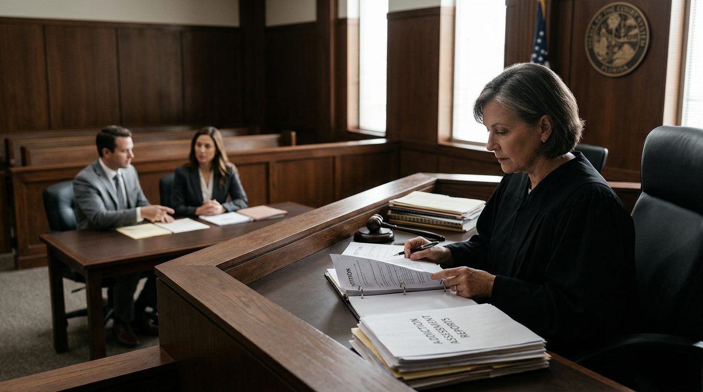 A courtroom scene during a Marchman Act hearing, with a judge reviewing commitment petition documents and counsel present.