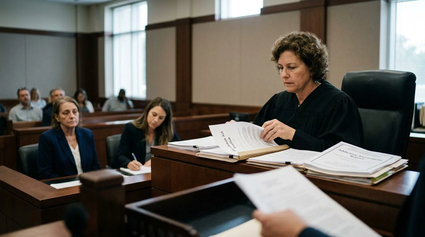 A courtroom scene where a judge reviews involuntary commitment petition documents while the petitioner sits with counsel and assessment reports lie