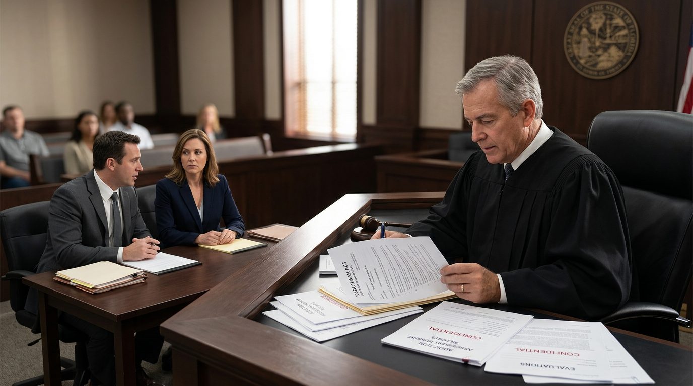 A courtroom scene where a judge reviews involuntary commitment petition documents during a Marchman Act hearing, with counsel and the petitioner