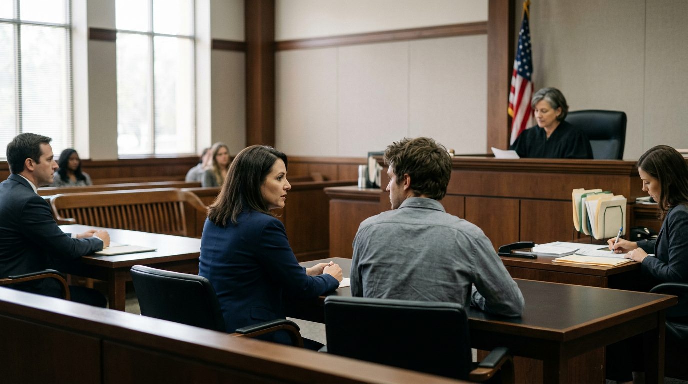 A courtroom scene with a judge, a respondent and their attorney, and a clerk preparing commitment orders during a Marchman Act hearing.