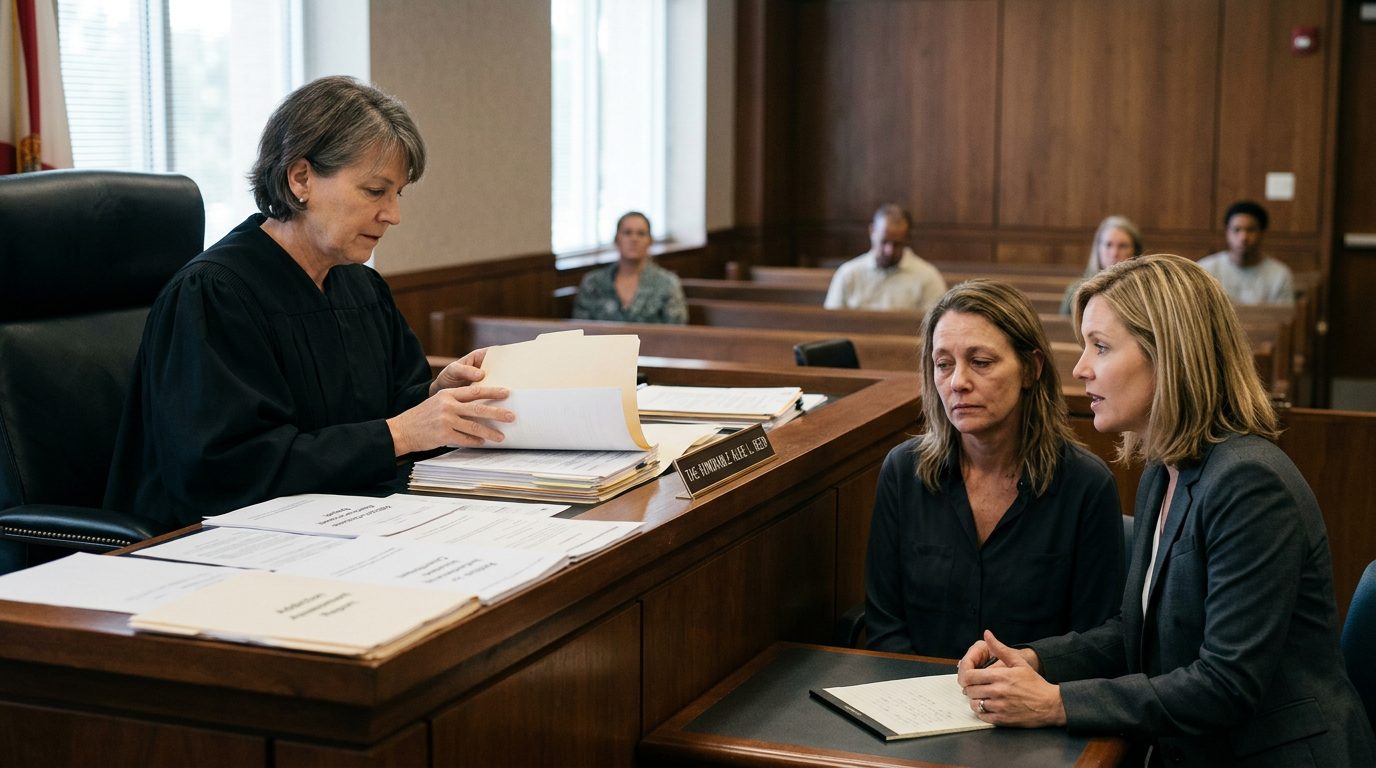 A courtroom scene with a judge reviewing commitment petition documents while the petitioner sits with counsel during a Marchman Act hearing.