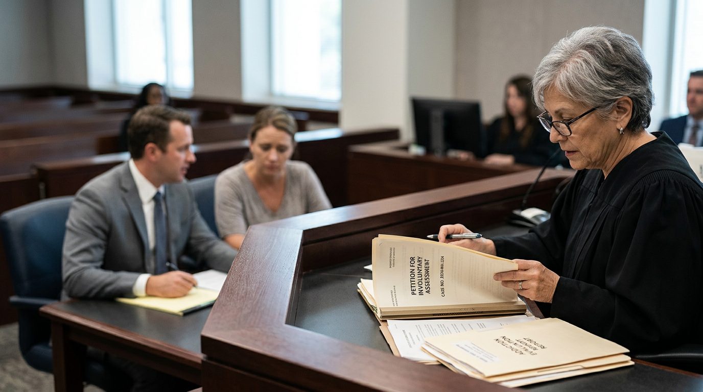 Una sala de tribunal donde un juez revisa papeles de una petición de internamiento mientras el demandante se sienta junto a su abogado.