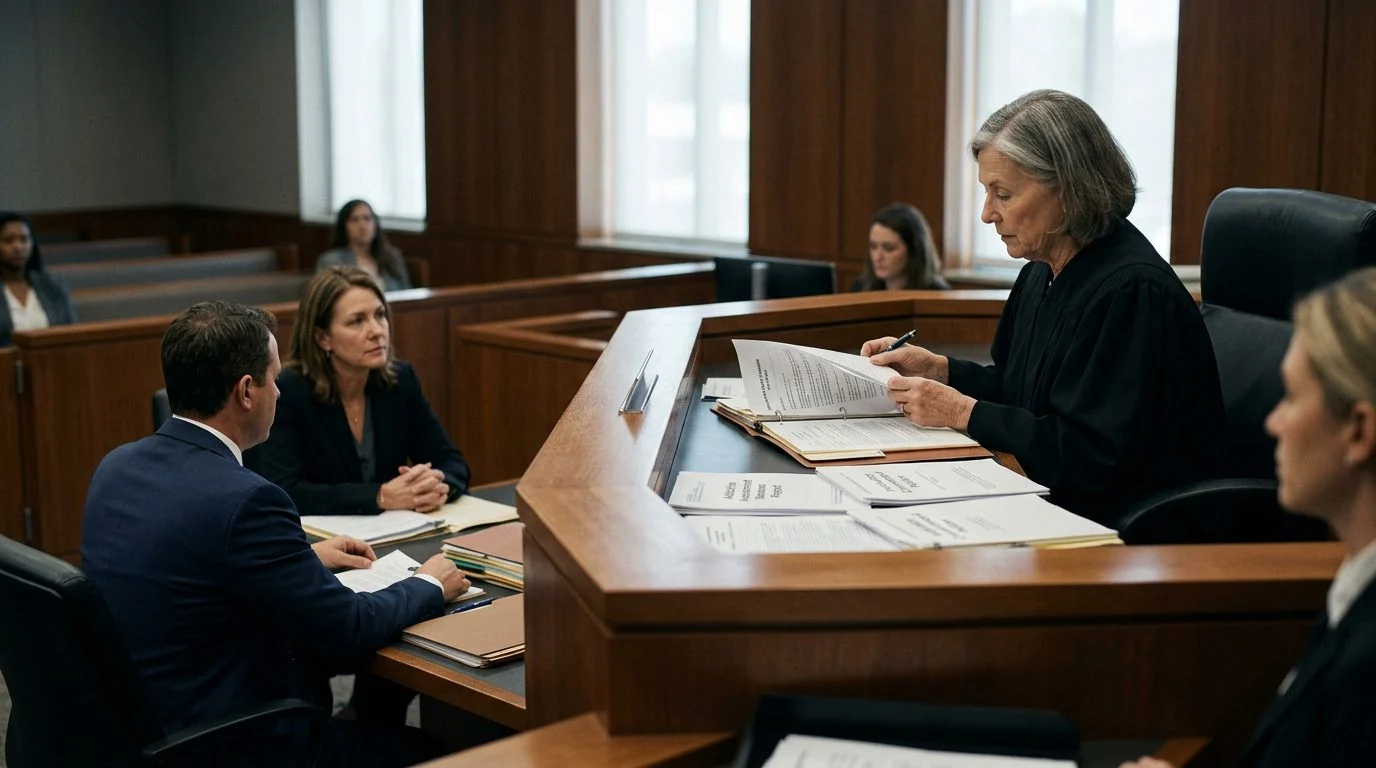 A courtroom scene with a judge reviewing commitment petition papers while the petitioner sits with counsel during a Marchman Act hearing.