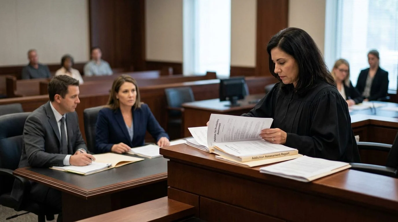 A courtroom scene with a judge reviewing commitment petition papers while the petitioner sits with counsel.