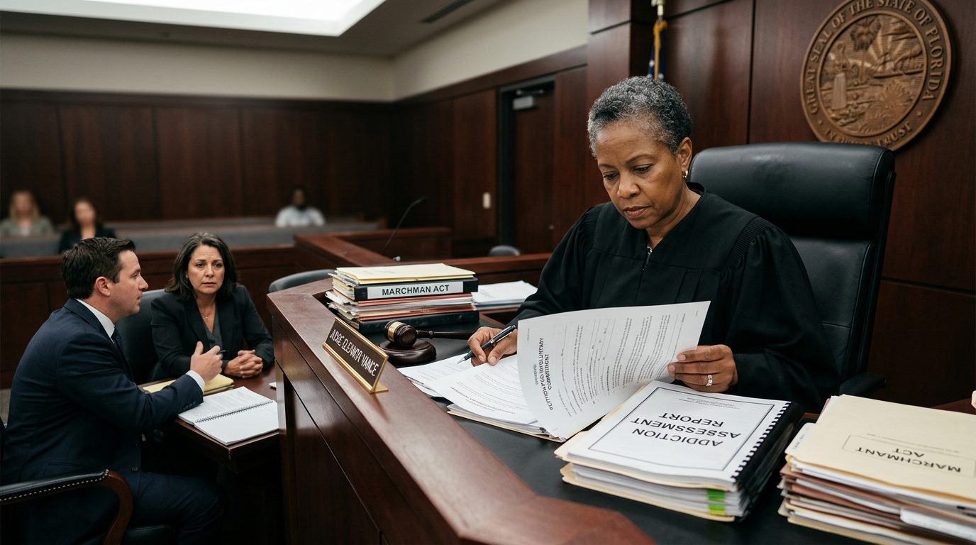 A courtroom scene with a judge reviewing documents, and a petitioner seated with counsel during a Marchman Act hearing.