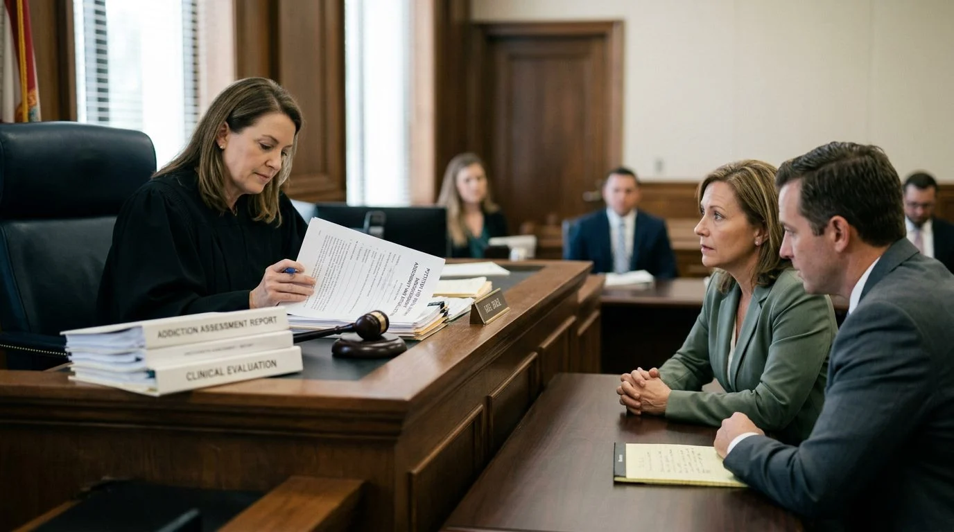 Juez revisando documentos mientras una parte y su abogado asisten a una audiencia de la Ley Marchman en un tribunal.