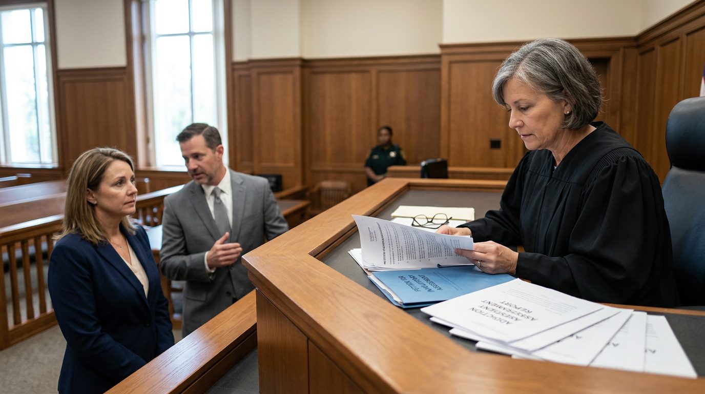 A courtroom scene with a judge reviewing involuntary commitment petition documents while the petitioner and counsel attend a Marchman Act hearing.