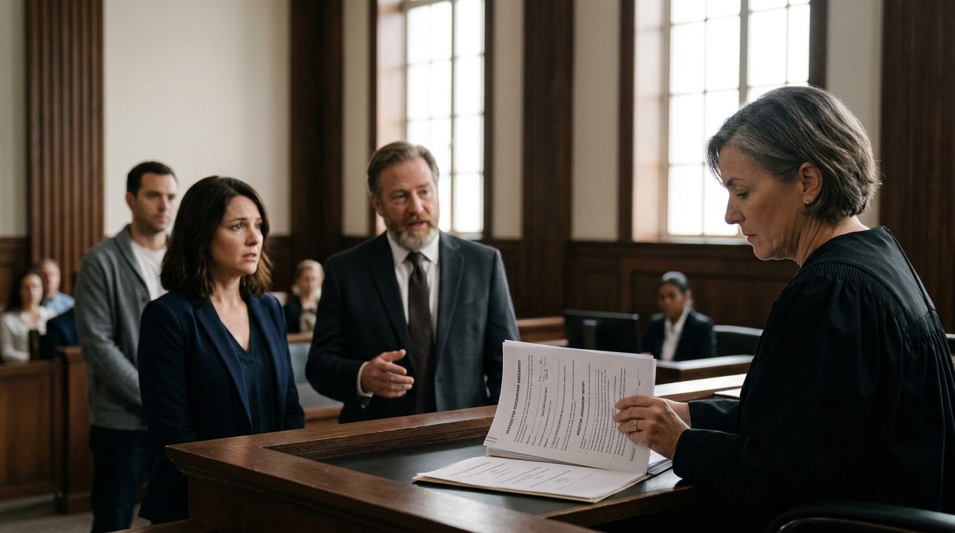 A courtroom scene with a judge reviewing involuntary commitment petition documents while the petitioner sits with counsel.
