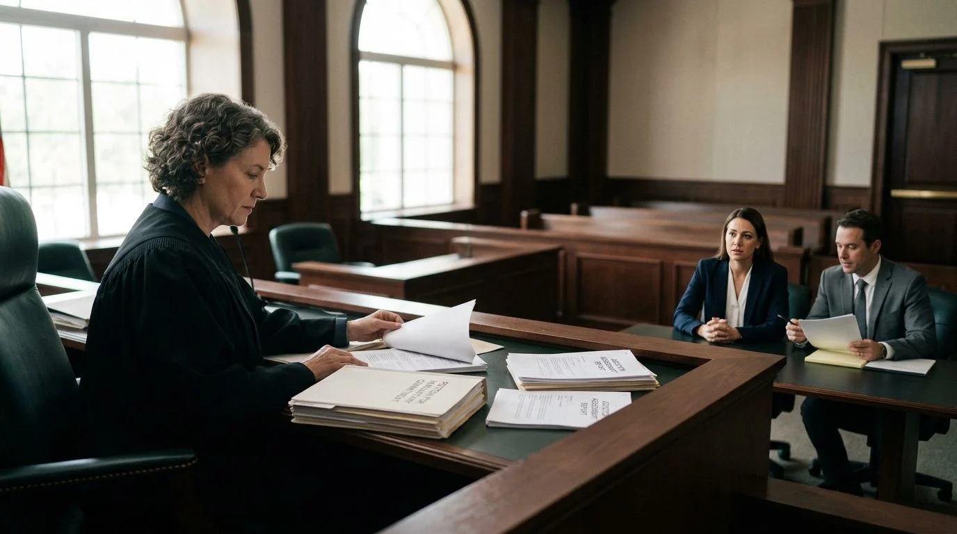 A courtroom scene with a judge reviewing involuntary commitment petition documents during a Marchman Act hearing in Florida.