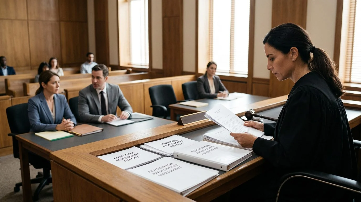 A courtroom scene with a judge reviewing involuntary commitment petition documents while the petitioner and counsel attend a Marchman Act hearing.