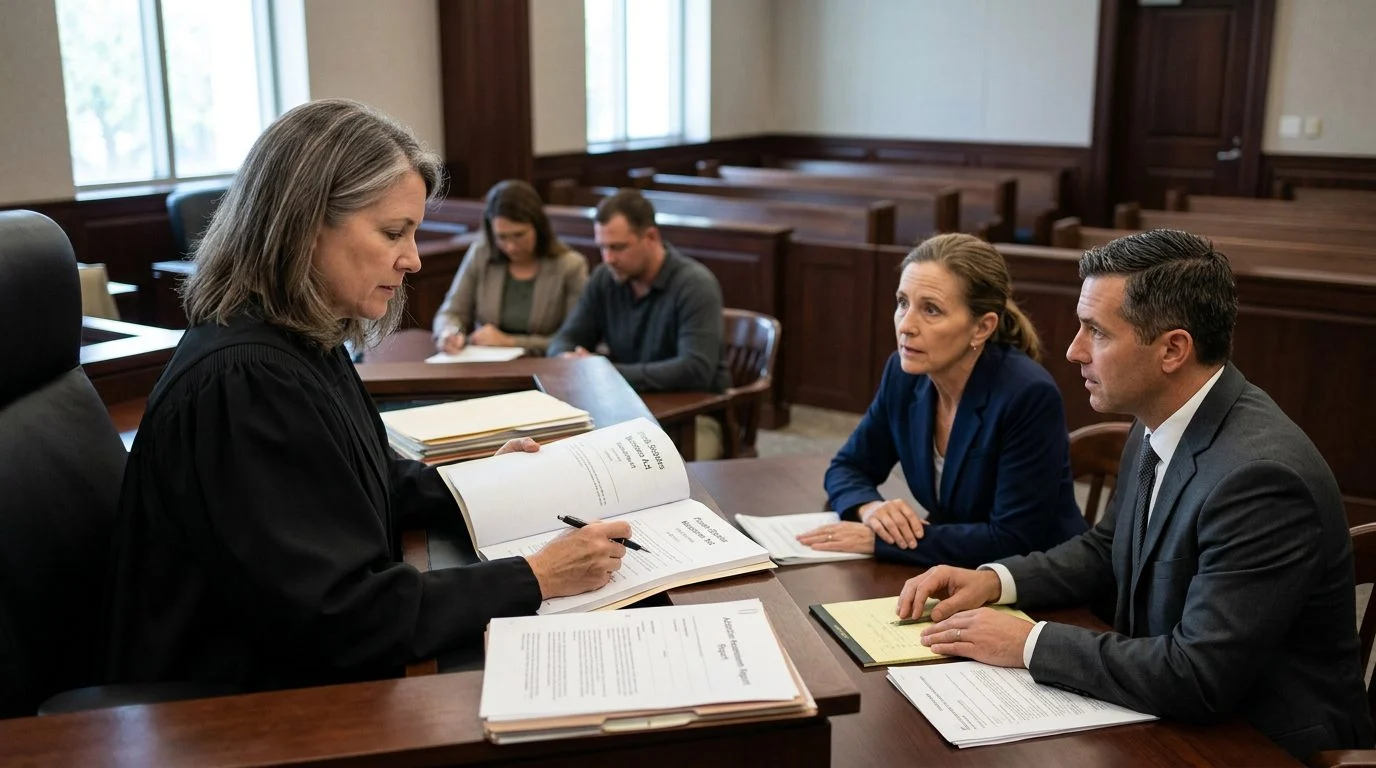 A courtroom scene with a judge reviewing involuntary commitment petition documents while the petitioner sits with counsel during a Marchman Act