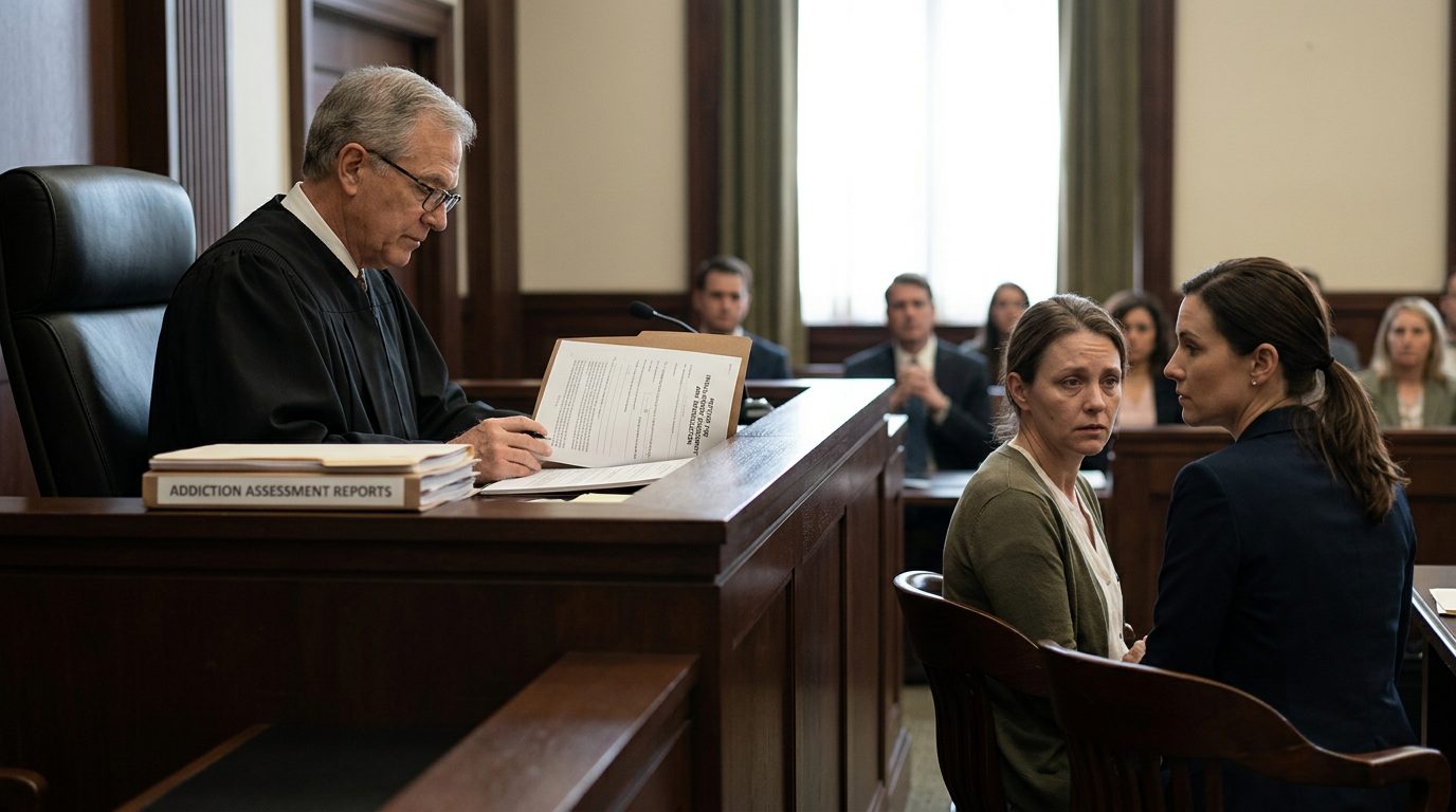 A courtroom scene with a judge reviewing involuntary commitment papers while the petitioner and counsel sit before the bench.