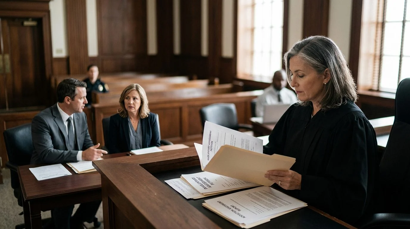 A courtroom scene with a judge reviewing papers, and a petitioner seated with counsel during a Marchman Act hearing.