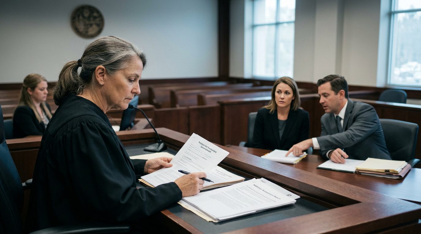 A courtroom scene with a judge reviewing papers at the bench while a petitioner sits with counsel during a Marchman Act hearing.