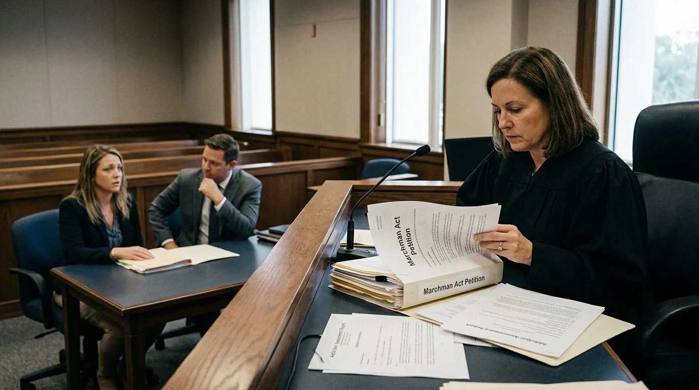 A courtroom scene with a judge reviewing papers while a petitioner and counsel attend a Marchman Act hearing.