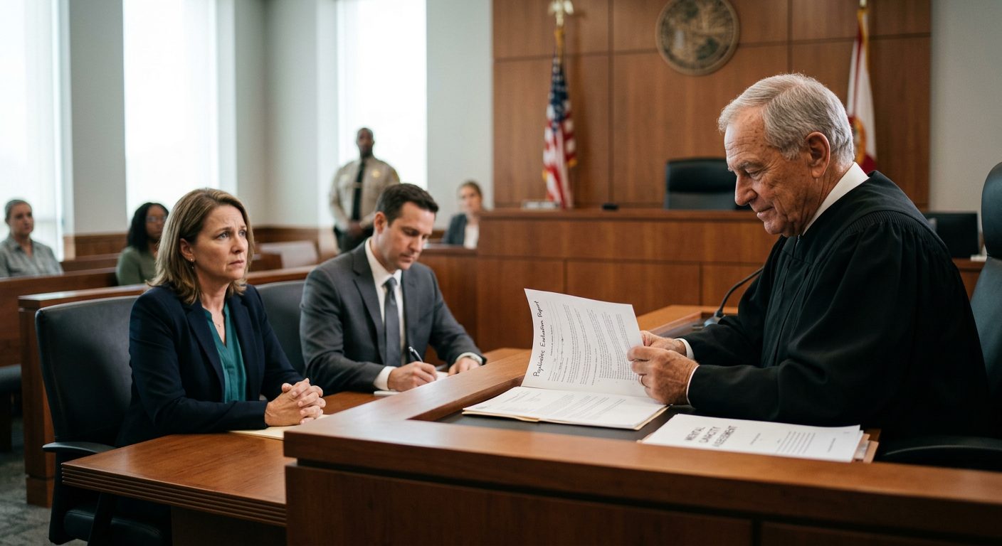 A courtroom scene with a judge reviewing papers while a petitioner sits with counsel during a guardianship hearing.