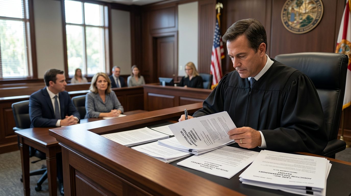 A courtroom scene with a judge reviewing petition documents while the petitioner sits with counsel during a Marchman Act hearing.
