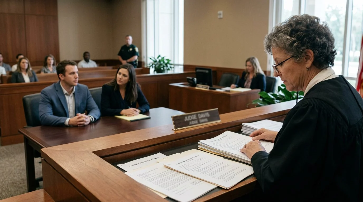 A courtroom scene with a judge reviewing petition documents while the petitioner and counsel sit before the bench.