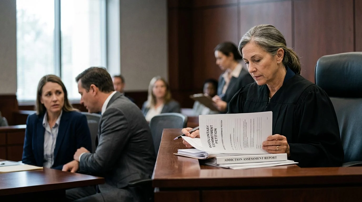 A courtroom scene with a judge reviewing petition documents while a petitioner and counsel sit before the bench.