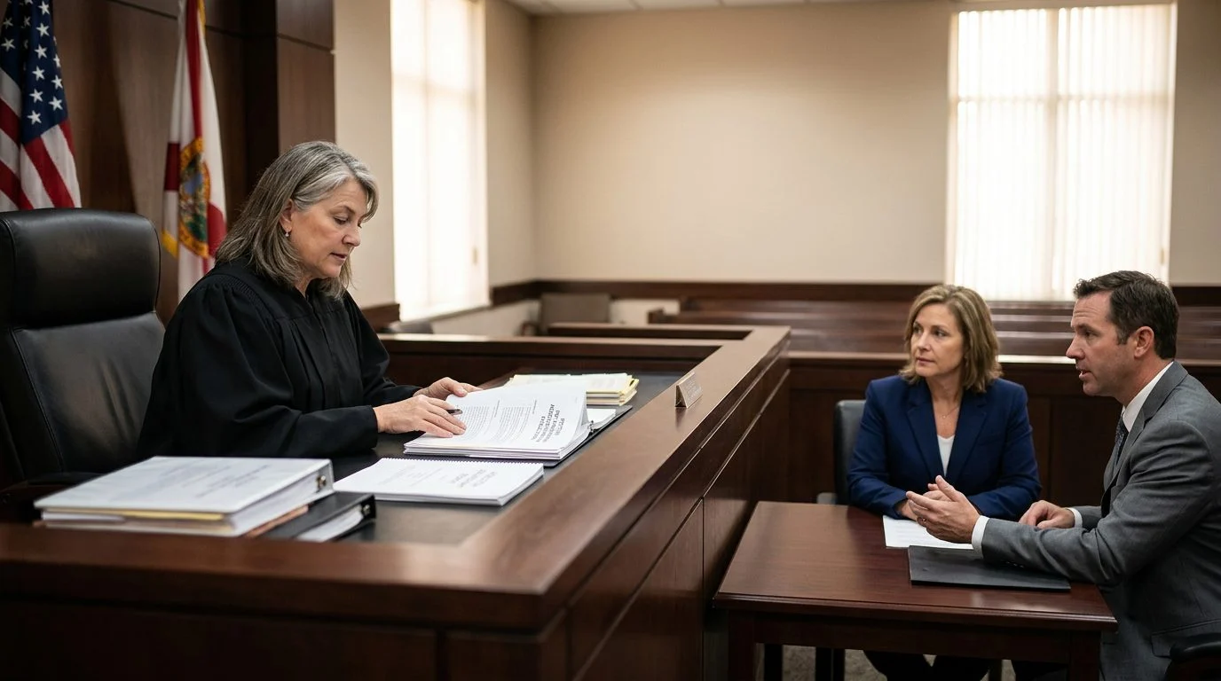 Juez revisando documentos de una petición mientras una persona y su abogado escuchan en una audiencia de la Ley Marchman en un tribunal.