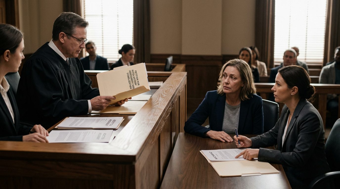 A courtroom scene with a judge reviewing petition documents while a petitioner and counsel sit before the bench.