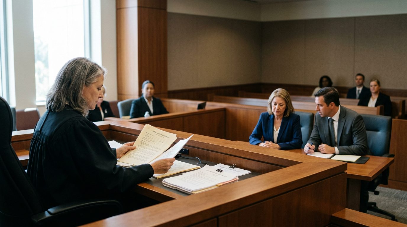 A courtroom scene with a judge reviewing psychiatric evaluation reports during a mental health guardianship hearing.