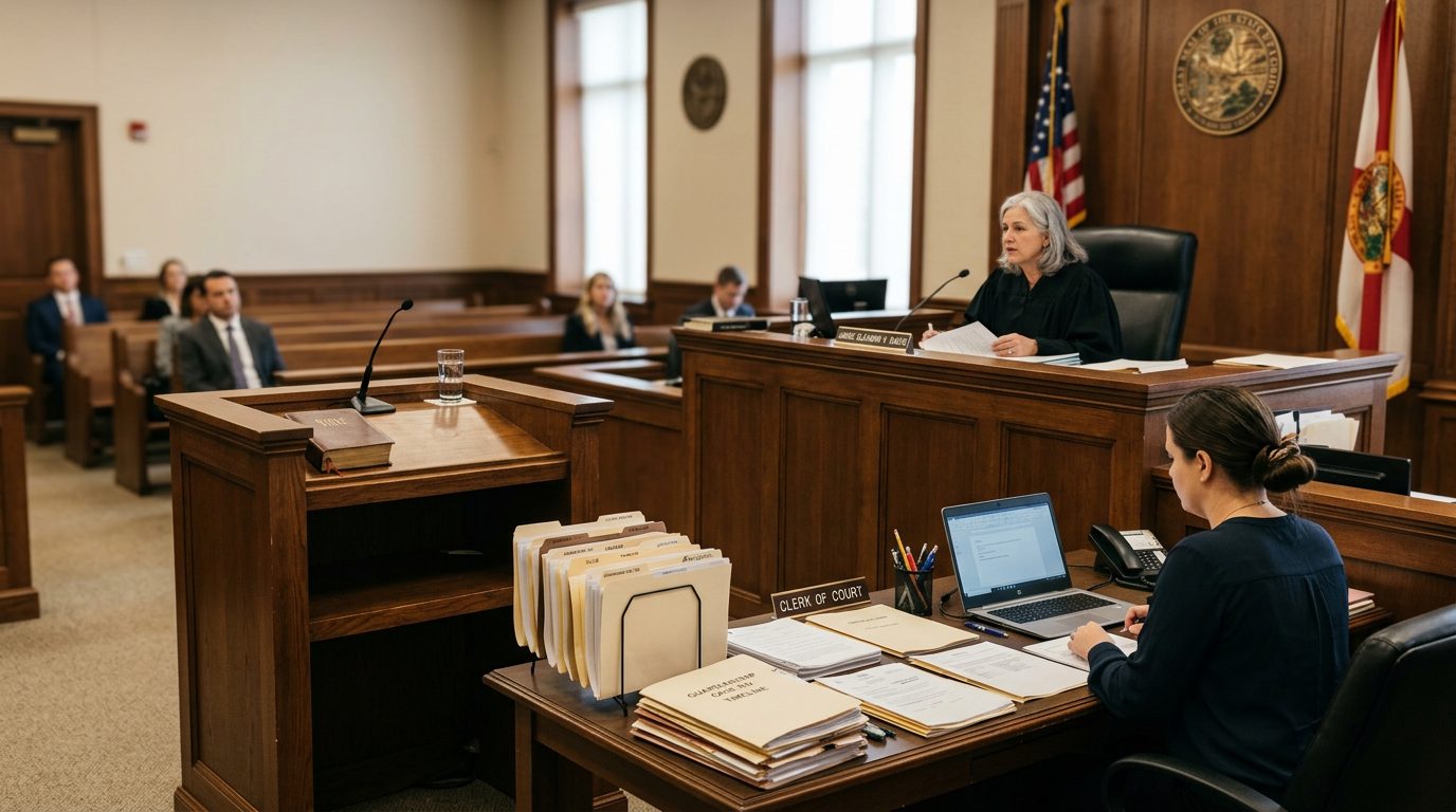 A courtroom set up for a guardianship hearing, with an empty judge's bench, witness stand, and case files on the clerk's desk.