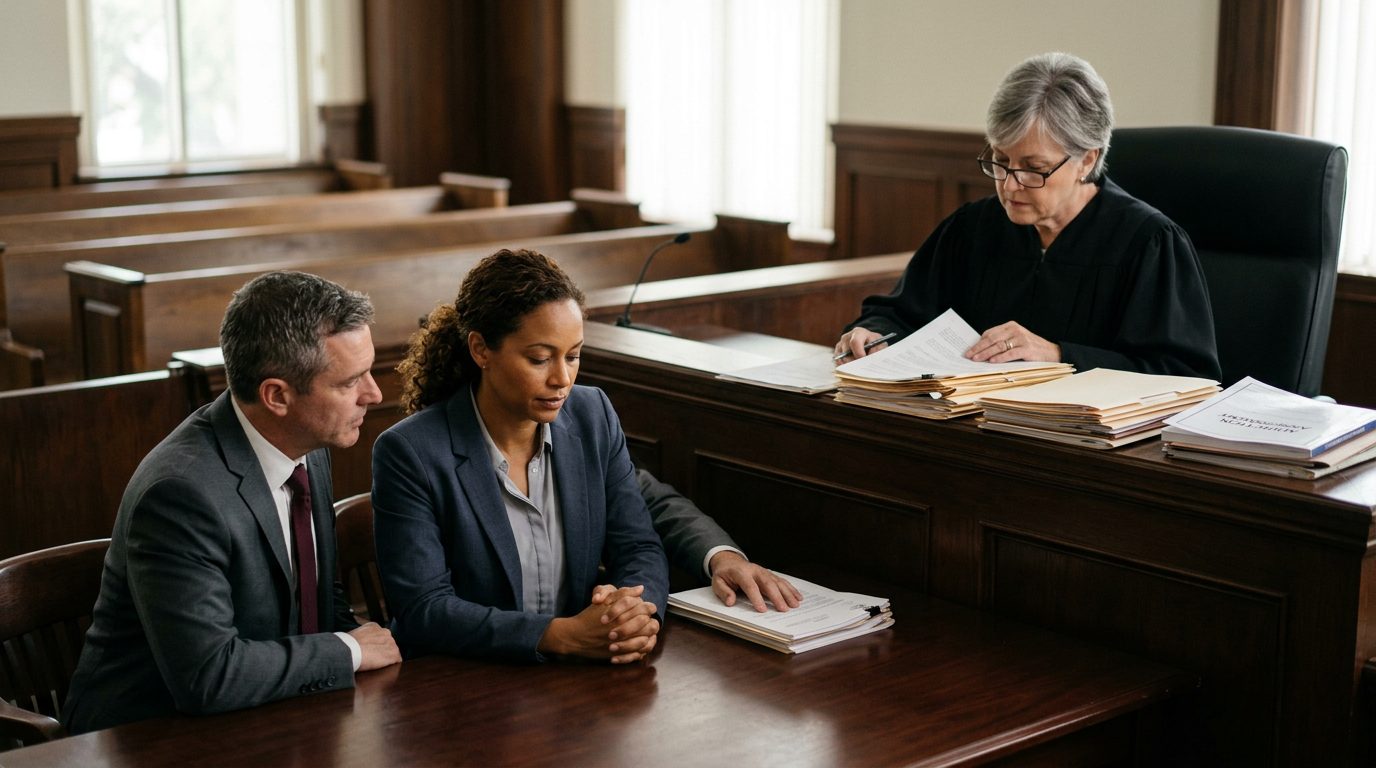 A courtroom where a judge reviews involuntary commitment petition documents while the petitioner sits with counsel during a Marchman Act hearing.